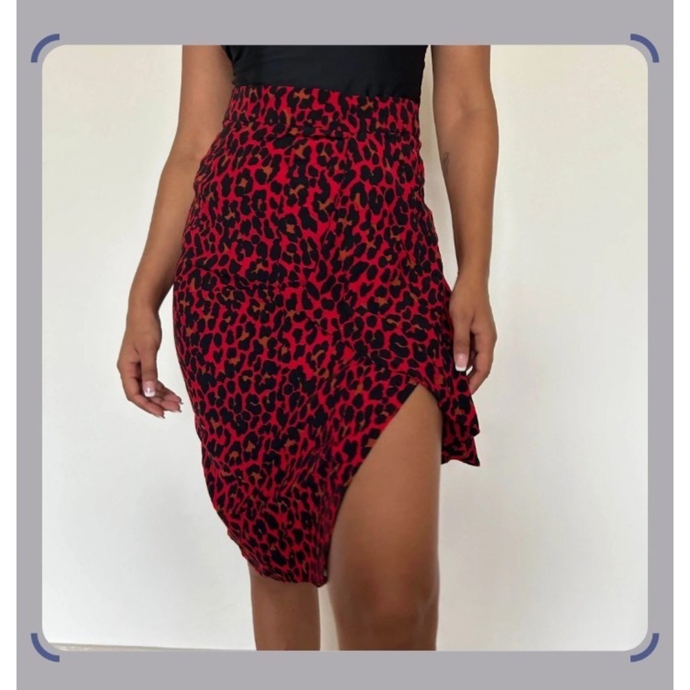 Zara Basic Red/Black Leopard Print Asymmetric Skirt Size Medium